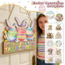 Semn de lemn suspendat cu iepuraș de Paște, design floral cu ou, 30x20 cm