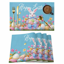 Oster-Tischsets, 8-teilig – Frühlingsmotiv: Hase, Eier, Blumen, Schmetterling, Blau, rutschfest, abwaschbar, für drinnen und draußen