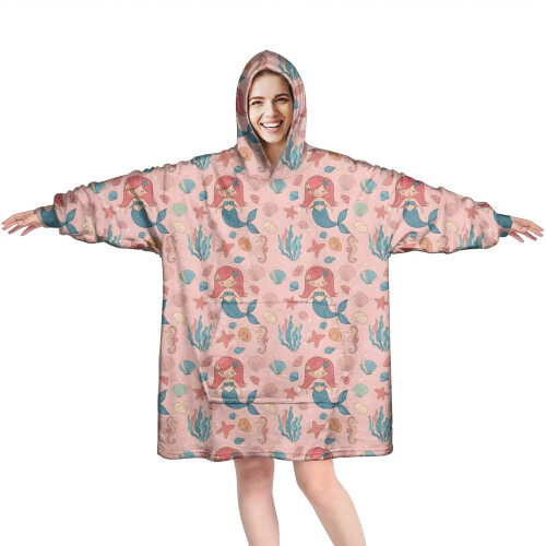 Φορετή oversized κουβέρτα με σχέδιο γοργόνας και θάλασσα, άνετο χνουδωτό πουλόβερ με