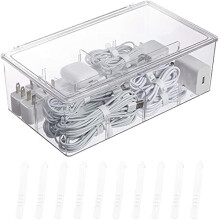 Boîte de rangement transparente pour câbles avec compartiments ajustables, couvercle et 10 attaches pour câbles – idéale pour bureau, tiroir,