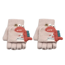 Knitted Dinosaur Print Flip Mittens for Kids & Women – Warm, Convertible, Fingerless Winter Gloves, Compatible with Outdoor Activities