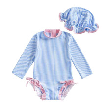 Girls Swimsuit,Striped Swimsuit Two Piece with Bow and Swim Cap Cute Bathing Suit for Toddler Summer Beach Pool,Kids Swimsuits,Blue,18-24 Months