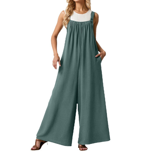 Macacão feminino de pernas largas com bolsos, macacão comprido sem mangas plus size.