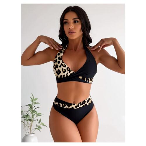 Σετ μπικίνι με λεοπάρ σχέδιο, μαύρο, δίχτυ, ψηλόμεσο, δύο τετράγωνα