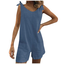 Macacão feminino de verão sem mangas com alças e bolsos – Macacão azul leve, confortável para o dia a dia, compatível com tamanhos americanos.