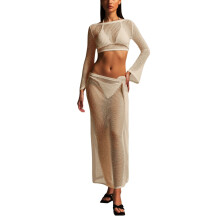 Conjunto de biquíni reversível feminino com detalhes em renda, ideal para férias na praia – Bege, Tamanho G, Compatível com roupas de praia
