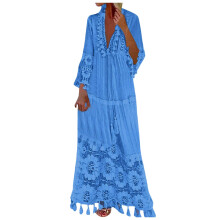 Boho-Strandkleid für Damen mit Spitzen-Patchwork und Fransen – Blau, Größe L, Badebekleidung möglich