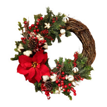 Guirlanda de inverno vermelha de 30 cm com gancho – pinheiro, algodão e frutos silvestres – decoração de Natal para interiores e exteriores