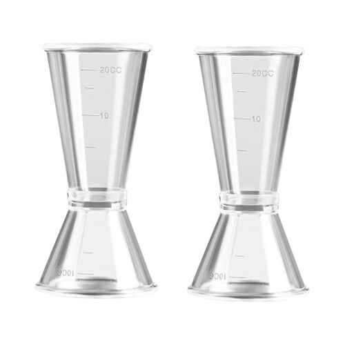 Set di 2 bicchieri dosatori per cocktail in plastica trasparente, ideali per bar, feste e cucina.