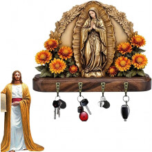 Our Lady of Guadalupe Sacred Wall Key Holder – 2D Flat Virgin Mary Farmhouse Decor, Golden, 4 Hooks, Compatible with Standard Keys