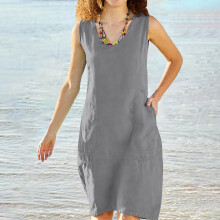 Vestido feminino de linho e algodão, cor sólida, solto, casual, respirável, macio e leve, com gola redonda e manga curta, ideal para uso diário