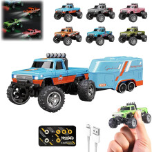 Nabíjecí USB-C 2,4GHz RC Truck s přívěsem, LED světla, 3 rychlosti, hliníková karoserie, měřítko 1:64 – kompatibilní s nabíjením