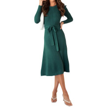 Elegantes, einfarbiges, lässiges, figurbetontes A-Linien-Strickkleid mit Rundhalsausschnitt, Puffärmeln und Gürtel.