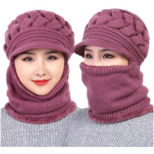 Gorro de punto cálido y elástico para mujer con protección para las orejas, tipo bufanda, máscara, forro polar, de una sola pieza.