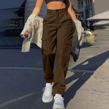 Calça Cargo Feminina Lisa - Calça Casual de Perna Reta com Fecho de Botão e Vários Bolsos