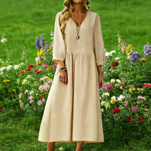 Damenmodisches, einfarbiges Leinenkleid, locker geschnitten, kurze Ärmel, V-Ausschnitt, atmungsaktives Freizeitkleid für den Sommerurlaub