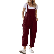 Macacão feminino de verão sem mangas com alças finas e bolsos – Leve, confortável e com estilo prático para o clima quente – Vinho, Tamanho P