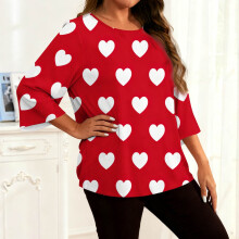 Dame Plus Size Hjerteprint Casual Top Med Trekvartærmet Rund Hals Sødt Romantisk Design Blødt Til Daglig Ferie Afslappet Brug