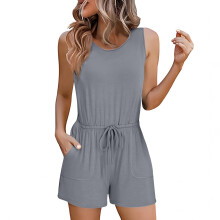 Women's Summer Sleeveless Drawstring Jumpsuit with Pockets, Lightweight & Relaxed Fit, Gray M