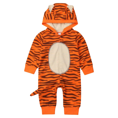 Βαμβακερό Tiger Rompers για μωρά 0-2 ετών, Ολόσωμο με κουκούλα και μακριά μανίκια -