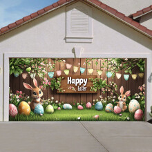 Décoration de porte de garage « Joyeuses Pâques » (1 pièce) – Motif lapin et œufs amusants, bannière de 2 x 1,5 m pour