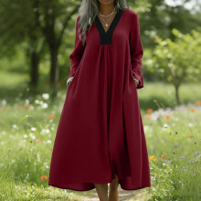 Dam Sommarklänning med lång ärm, färgblock, V-ringning, lös passform, mjuk, andningsbar, böljande, daglig utomhus- och semesteroutfit för damer