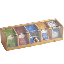 Organisateur de sachets de thé en bambou, boîte de rangement transparente à 5 compartiments, porte-sachets de café anti-poussière