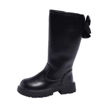 Girls' Warm Lined High Boots with Zipper & Bowknot – Autumn/Winter Casual Footwear for Toddlers, Black, Size 11.5–12 Years
