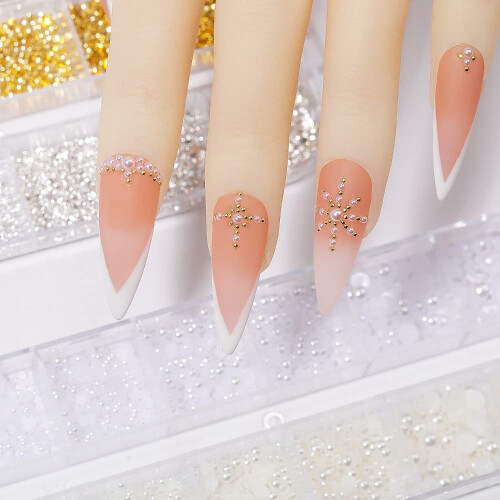 Nagelstenar Guld Silver Mikropärlor Platt Baksida 3D Strass 1