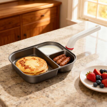 3-in-1 Divided Frying Pan Set, Includes Silicone Spatula & Brush, Titanium Ceramic Breakfast Skillet, Silver, 16.3 inch