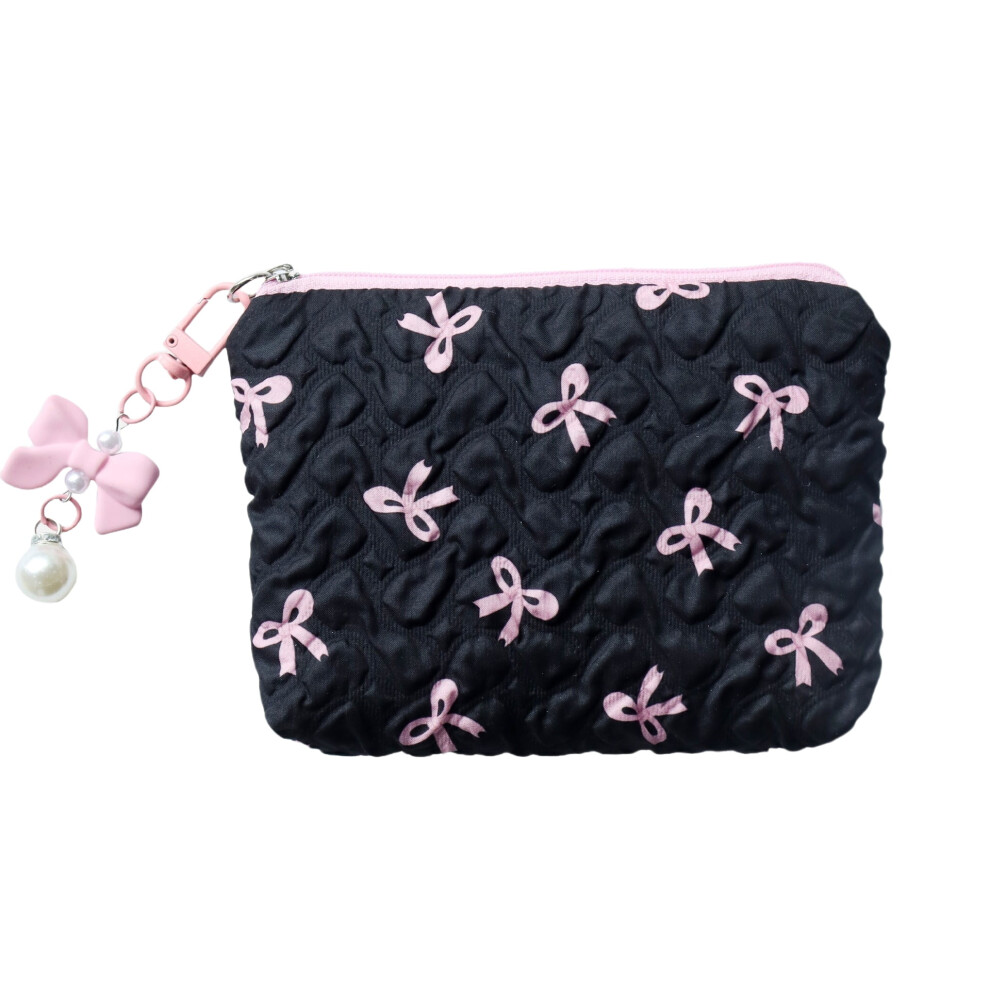 Cute Bow Pattern Quilted Cosmetic Bag, Portable Travel Cosmetic Storage Bag with Zipper and Charms, Fashionable Toiletry Bag for Women