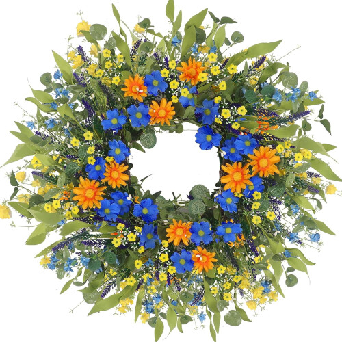 Guirlanda de margaridas e girassóis de 56 cm (22 polegadas) em tons de azul e laranja, estilo fazenda. 1