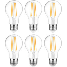A19 gloeilamp met gloeidraad, 2700K warm wit, equivalent aan 60W (80%).