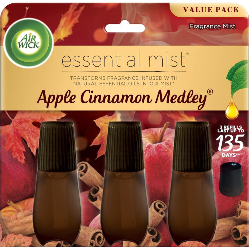 Essential Mist Refill, 3 stk, kompatibel med Apple Cinnamon Medley, eteriske oljer diffuser, luftfrisker, høstduft, høstdekor