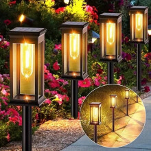 Set van 8 solar wolfraam tuinlampen, IP44 waterdicht, 300mAh LED, retro design voor tuin, terras, stoep, villa – compatibel met standaard grondanker