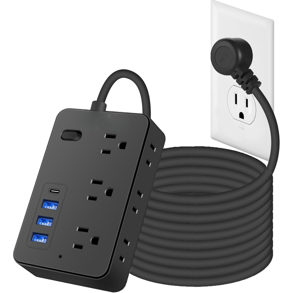 20Ft Extension Cord With 6 Outlets & 4 Ports (1 Usb-C), Flat Plug, 1700J Surge Protection, Compatible With Office Use 9399596070629