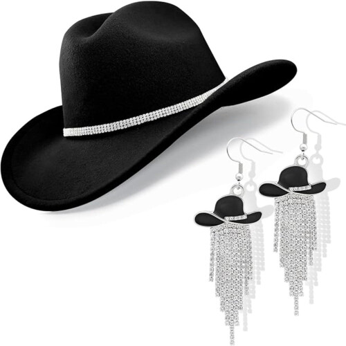 Conjunto de chapéu de caubói e brincos de bota com strass e detalhes pretos. 1