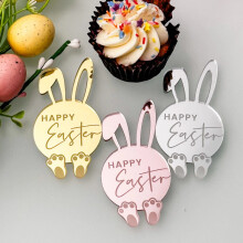 1 Pcs Happy Easter Cupcake Topper, Acrylic Mirror Disc Bunny Cake Topper Engraved, Happy Easter Cake Topper Decorations For Spring Easter Rose Gold