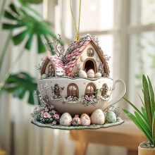 2D-Osterhasenhaus-Teetassen-Ornament aus Acryl, flacher, künstlerischer Blumen-Ei-Anhänger für Auto-Rückspiegel, Rucksack und als