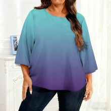 Women's Plus Size Gradient Color Casual Three Quarter Sleeve Round Neck Top Loose Comfortable Fit Versatile for Daily Weekend Outdoor Casual Wear