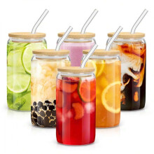 Lot de 6 verres de 473 ml (16 oz) avec couvercles en bambou et pailles, compatibles avec le café glacé, les sodas, le boba, le thé et les