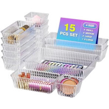 15-Pc Clear Plastic Drawer Organizer Set (4 Sizes) – Compatible with Makeup, Jewelry, Gadgets, Office, Kitchen, Bedroom & Bathroom