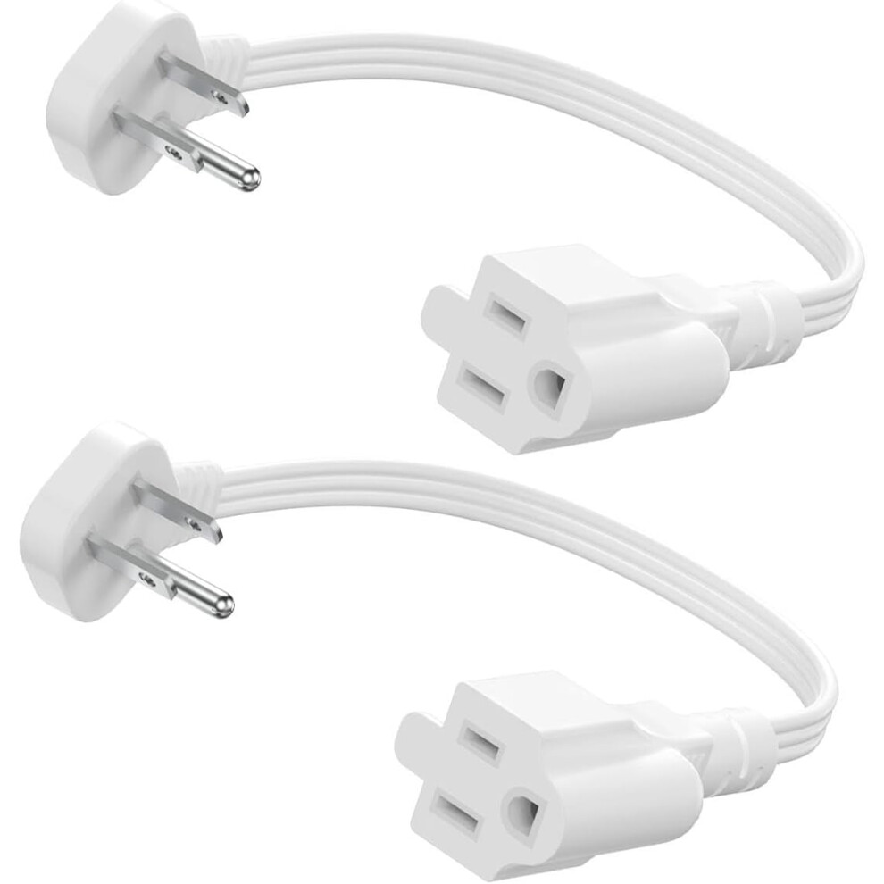 Flat Plug Short Extension Cord 1Ft Low Profile Adapter 3 Prong Indoor Small Grounded Power Cable Outlet Saver 16Awg 13A 1625W 2 Pack White 9422877341948