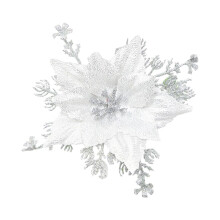 Silver Glitter Poinsettia Artificial Flowers – Clip-On Xmas Tree Ornaments & Wedding Decor, White, Indoor/Outdoor – Compatible with Christmas