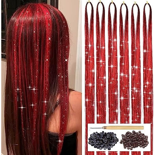 Kit de apliques de cabelo vermelho com ferramenta, 6 unidades, 1200 mechas, 47 polegadas (119 cm).