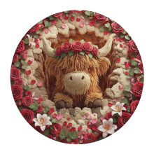 Round Rugs Valentines Day Highland Cow Romantic Heart Love Red Rose Funny Animal Memory Foam Entryway Round Area Rug Soft Bedroom Foyer Mat