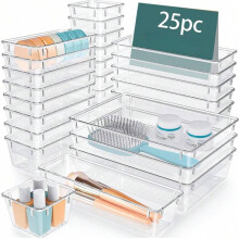 25 Pcs Clear Transparent Multifunctional Drawer Organizer Box Set - 4 Size Bathroom, Vanity, Cosmetic, Bedroom, Kitchen, Office Storage Bins