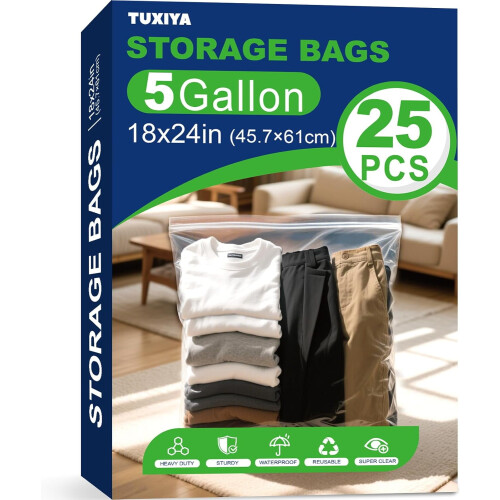 Sacos de armazenamento transparentes reutilizáveis com zíper, 5 galões (18 x 24 polegadas), 25 unidades