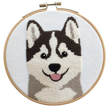 Cartoon Baby Husky Punch Needle Kit for Beginners – DIY Yarn Embroidery Set with Printed Pattern, Hoop & 20x20cm Canvas – Compatible with standard