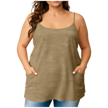 Dames zomerse casual tanktop met ronde hals en halternek, plus size, verstelbare bandjes en borstzakje. Zachte, ademende basic camisole voor